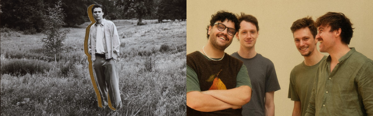 Zweiteiliges Bild: links eine schwarz-weiße Aufnahme eines alleinstehenden Mannes auf einer Wiese mit weiter Hose und offenem Hemd, rechts vier junge Männer, die nebeneinander stehen und in die Kamera lächeln. Sie tragen alle grüne Oberteile.