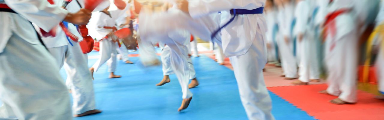 Gruppe von Taekwondo‑Trainierenden in weißen Uniformen und roten und blauen Gürteln, die in einer Halle gleichzeitig hohe Kicks auf blau‑roten Matten ausführen. Nur die Unterkörper sind zu sehen.