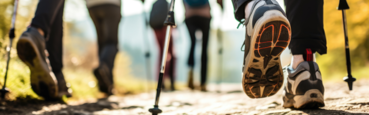 Nahaufnahme mehrerer Wandernder, deren robuste Schuhe und Trekkingstöcke auf einem sonnigen Naturweg zu sehen sind.