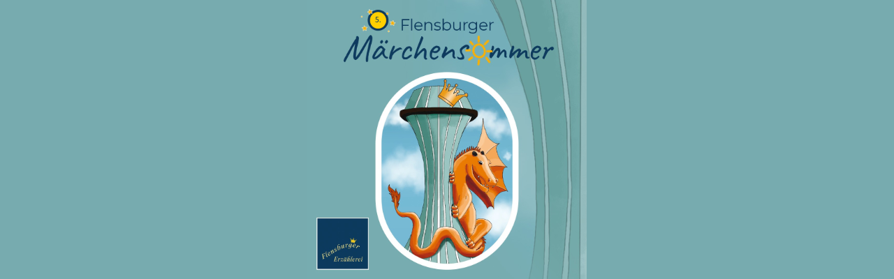 Illustration eines freundlichen orangefarbenen Drachen, der sich um einen grünen Turm windet, als Motiv für den 5. Flensburger Märchensommer.