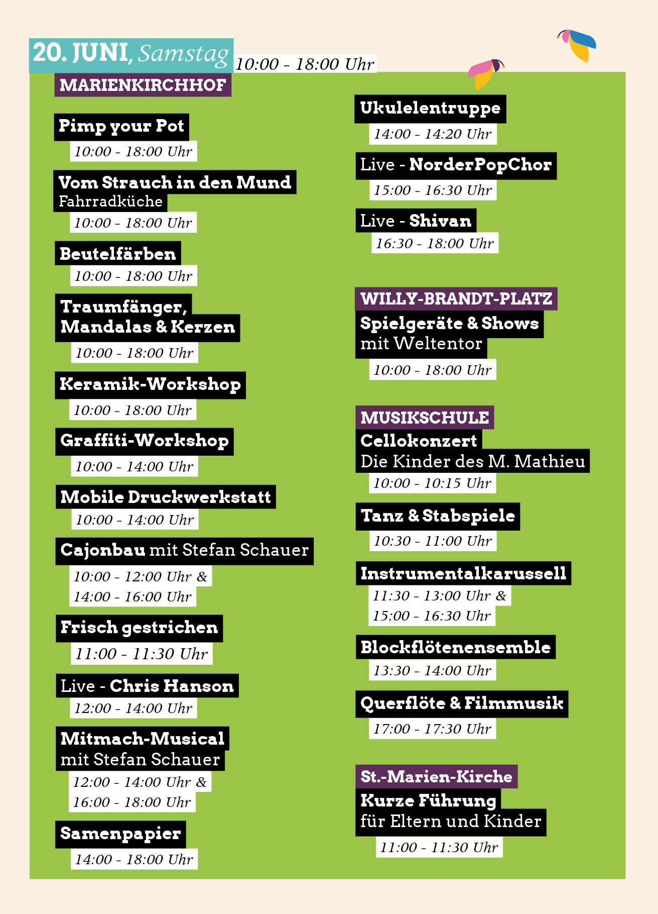 Programm-Flyer des SommerHygge Festivals am Samstag, 20. Juni von 10:00 bis 18:00 Uhr. Aufgeführt sind Workshops wie Keramik, Beutelfärben und Graffiti am Marienkirchhof, Auftritte vom NorderPopChor und Shivan, Spielgeräte auf dem Willy-Brandt-Platz, verschiedene Schülerkonzerte der Musikschule (u.a. Instrumentalkarussell und Blockflötenensemble) sowie eine Kinderführung in der St.-Marien-Kirche Flensburg.