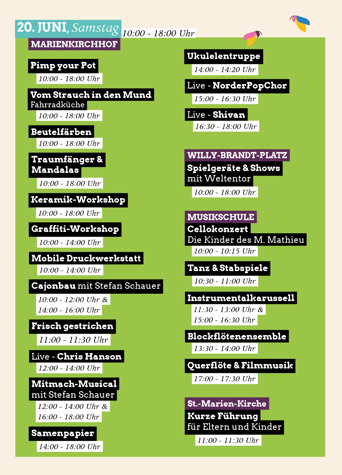 Programm-Flyer des SommerHygge Festivals am Samstag, 20. Juni von 10:00 bis 18:00 Uhr. Aufgeführt sind Workshops wie Keramik, Beutelfärben und Graffiti am Marienkirchhof, Auftritte vom NorderPopChor und Shivan, Spielgeräte auf dem Willy-Brandt-Platz, verschiedene Schülerkonzerte der Musikschule (u.a. Instrumentalkarussell und Blockflötenensemble) sowie eine Kinderführung in der St.-Marien-Kirche Flensburg.